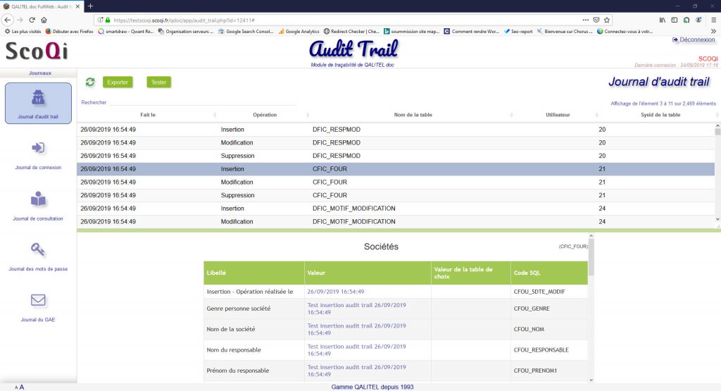 Interface du module Audit Trail de QALITEL progrès — Liste des traces et volet de visualisation détaillée